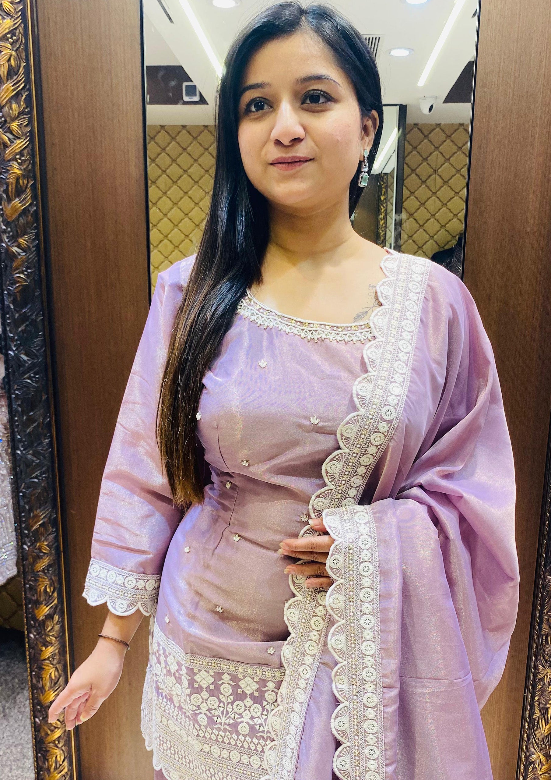 Lilac Color Organza Hand Work Gharara Suit